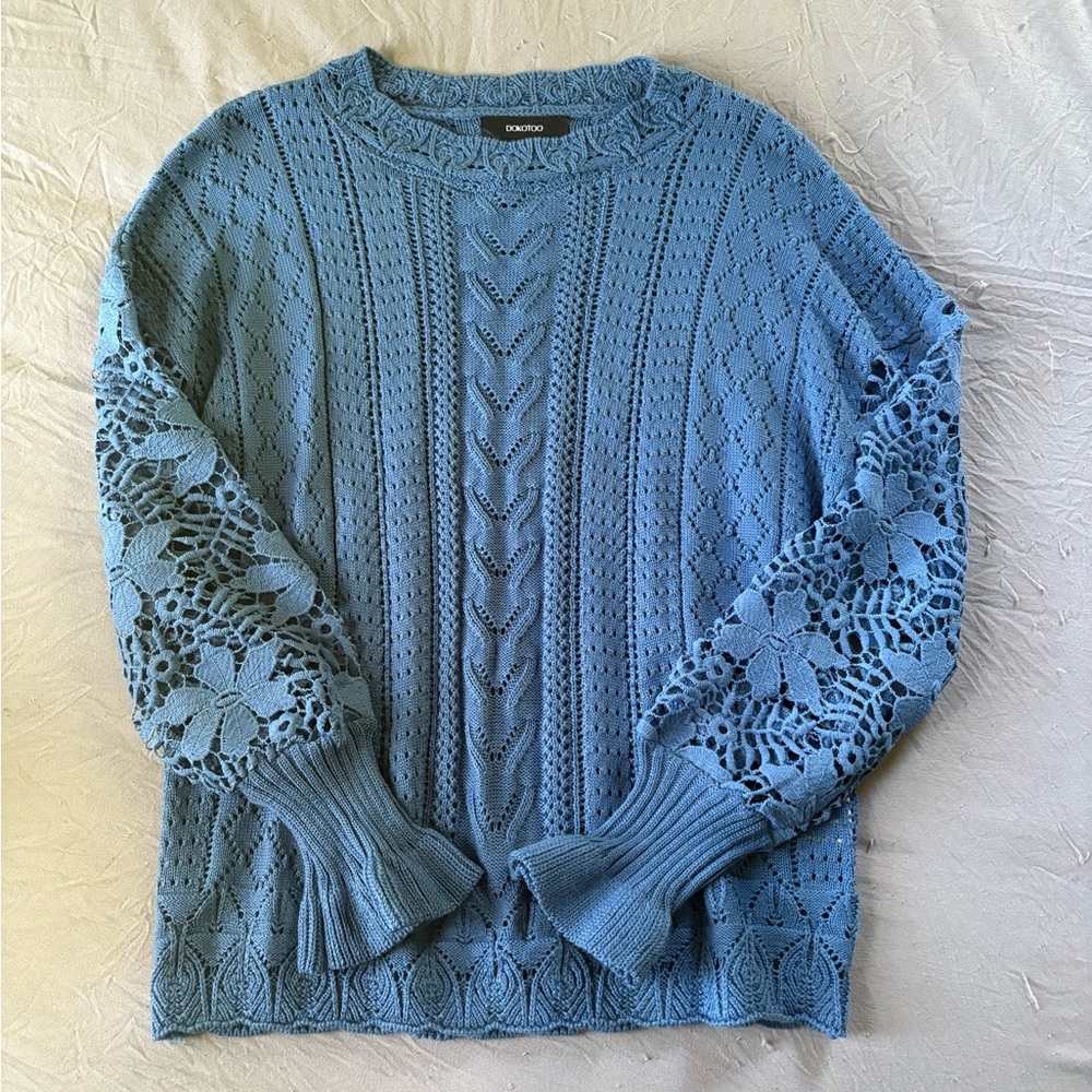 Never Worn!! Blue Knit Sweater with Lace Sleeves